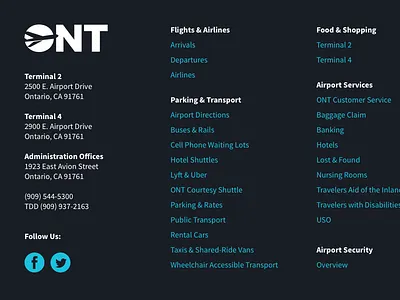 FlyOntario.com — Footer airline airport blue california desktop footer ui user interface ux website
