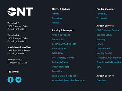 FlyOntario.com — Footer airline airport blue california desktop footer ui user interface ux website
