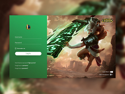LOL Login Screen - Riven design game game interface graphic design green league of legends login screen riven ui user interface web design website