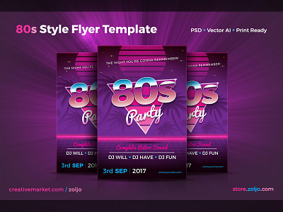 80s Party Flyer Template 80s design flyer graphics neon palms party psd retro stock template vector