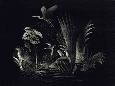 little pond abstract birds brushes flying grain illustration plants pond water