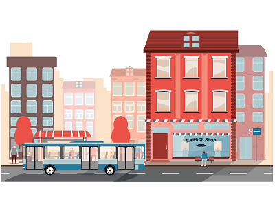 barber shop building bus design graphic her moution person red station tre