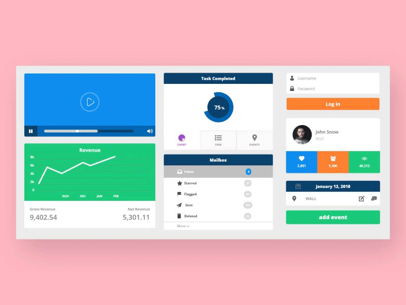 Freebie HTML: Flat UI Kit buttons calendar cards clean color css free freebie html web