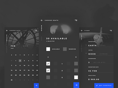 Spaced App Concept app booking clean concept dark design seats space spacedchallenge ticket ui ux