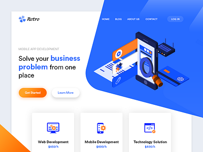 Retro Landing Page blue card colorful gradient header homepage icons illustration landing page orange shapes ui