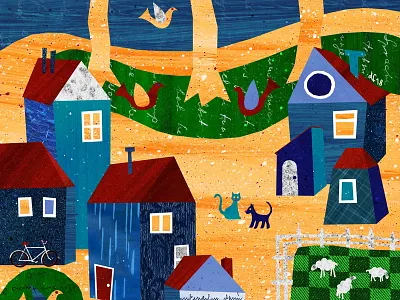 Blue Sunday at the Sea beach birds blue cat dog houses illustration ocean town village