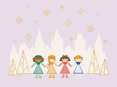 LADIES WINTER PARTY blue bronze characters christmas festive green illustration minimalistic red unity winter yellow