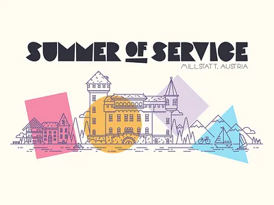 SUMMER OF SERVICE austria blue brand castle europe illustration lakeside orange pink purple summer town