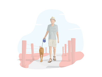 Walking The Dog digital art dog fence hat illustrator old man sandals vector vector art walking the dog