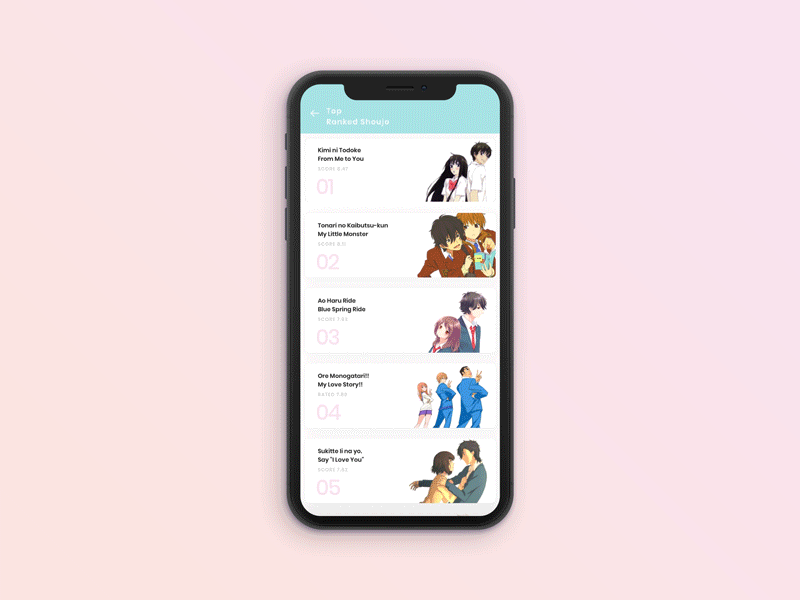 Top Ranked Shoujo Anime Animation animation anime app ui design gif illustrations iphonex kensei leaderboard minimal product ui