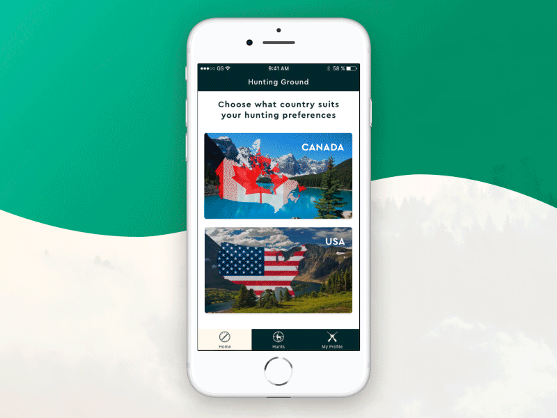 Hunts App Interaction 2018 animals forest green hunt ios iphone ui ux