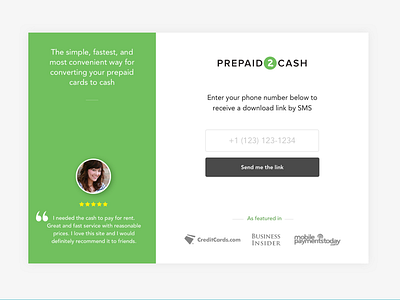 Send SMS app link gray green landing page send link sms testimonial