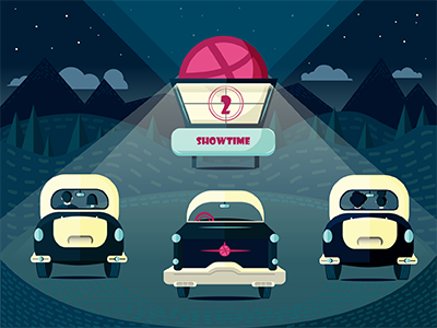 2 Dribbble Invites cars draft dribbble giveaway illustration invitation invite night showtime two vector