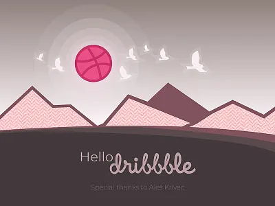 Hello all Dribbblers! birds hello illustration landscape mountains