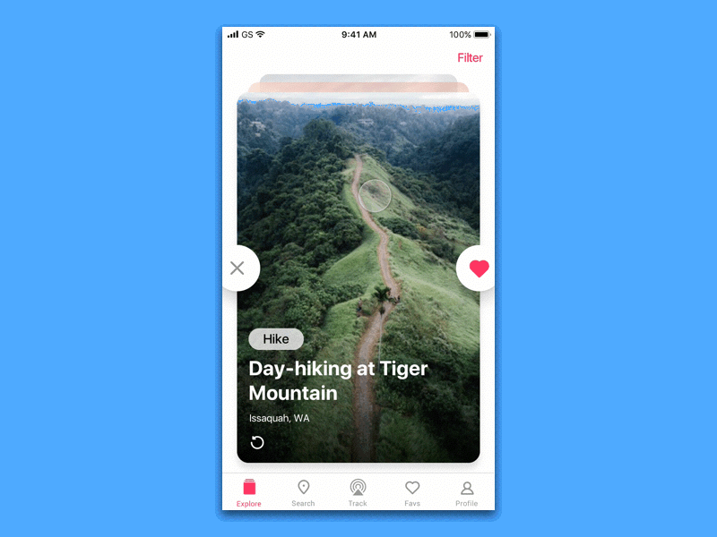 Adventure Matcher - Details app card open cards close ios match motion open peak and pop swipe trail zoom