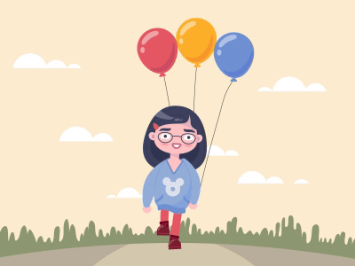 Walking Girl With Balloons ballons butterfly child clouds cycle forest girl kid motion sky walk