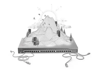 Landscape birds cables collage landscape mountain router servers switch trees