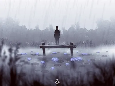 Ghost Lotus boy conceptart fog ghost illustration lake landscape lotus flower myst rain