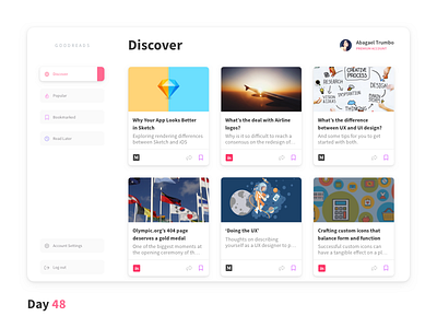Daily UI Challenge: Day 48 Article Bookmark App android app articles bookmark daily ui challenge goodreads invision ios app medium minimalistic ui design ux design web app