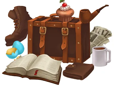 Retro hidden objects book boot cacao cake case game hidden newspaper objects pipe