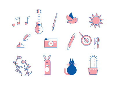 Icons for website animals blue cacti duotone icons illustration music objects photography pink plants website