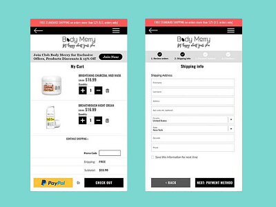 Body Merry Mobile Check Out Process bodymerry checkout dailyui dailyui002. mobile responsive skincare ui user experience user interface ux uxui