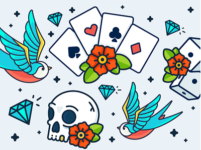 Sailor Jerry! cards dices flower icon illustration jerry outline rose sailor skull sparrow tattoo