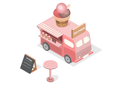 Set of isometric illustrations of the food trucks 3d cream food foodtruck ice ice cream illustration isometric isometry pink street truck