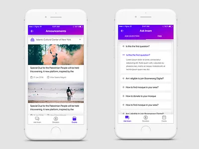 Azmain App Design WIP adan ask donate faq figma gradient imam masjid muslim purple ui ux