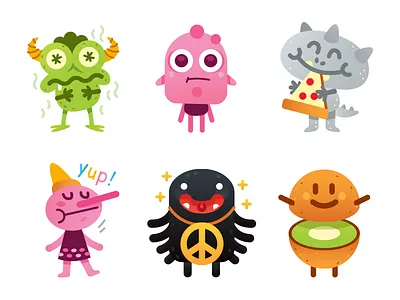 Cute Freak Monsters Emoji - another 6 characters cartoon character characters creative cute emoji emoticon flat freak funny icon illustration kiwi mascot monster peace pinocchio pizza silly sweet