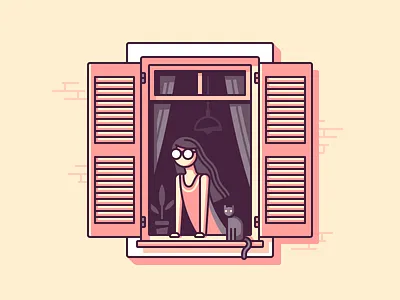 Window cat character color day girl glasses illustration line spring