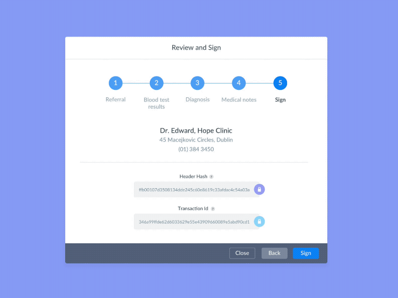 Blockchain sign process application blockchain blue clinic dashboard data design doctor dashboard healthcare hospital medical share