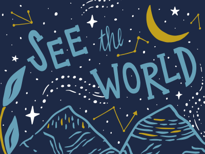 See the World Illustration blue digital galaxy hand drawn illustration leaves moon mountains screen print sky stars travel