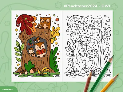 Coloring page - Cute owls and old oak tree activity adobe illustrator bird black and white book cartoon character children coloring design family for kids forest illustration nature owl page vector