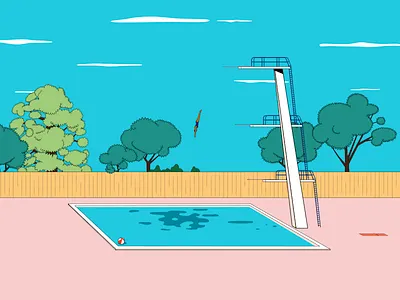 First Dive Of The Summer alone colourfull dive dive tower diving illustration pool summer