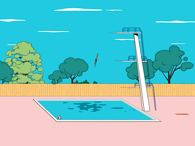 First Dive Of The Summer alone colourfull dive dive tower diving illustration pool summer