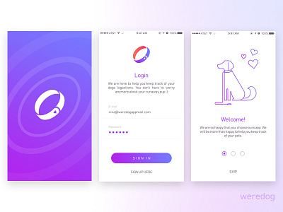 Weredog application application dog dog lover login login screen map view splash screen tracking tracking app welcome screen