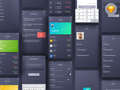 Crypto Wallet App Concept - Free UI Kit (Sketch File) app coin cryptocurrency dark design download ios kit mobile sketch ui wallet