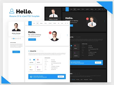 Hello - Resume, CV, vCard & Portfolio Material PSD Template creative freelancer material minimal multipurpose onepage personal cv personal website portfolio resume vcard webstrot