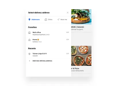 Delivery address selector UI product design typography ui design visual design wolt