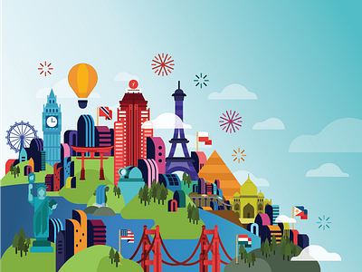 Start Local. Go Global balloon big ben city eiffel fireworks global golden gate bridge london eye pyramid statue of liberty taj mahal world