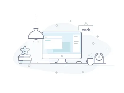 Productive illustration books coffee desktop imac schedule star tea time watch work workspace