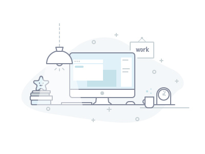 Productive illustration books coffee desktop imac schedule star tea time watch work workspace
