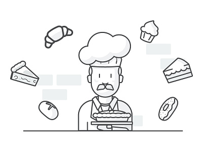 Bakers Work baker baking bun cake cook cooking croissant cupcake donut illustration line art pie