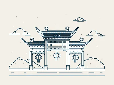 Fuzimiao 2d architecture building chinese design dragon flat illustration line logo vector