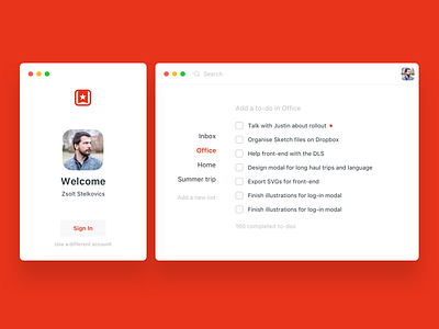 Wunderlist redesign - login and main screen clean minimal red redesign ui ux wunderlist