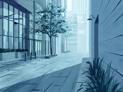 Alley 1 alley apartment blue corner door gouache illustration morning residential street tree window