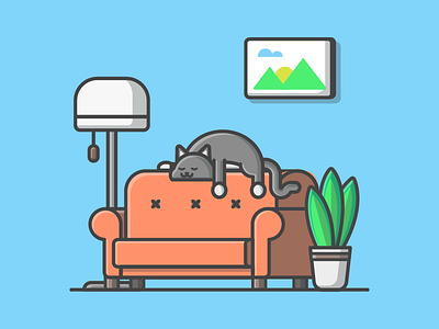 Living room! 😽 cat cute dribbble flat icon illustration lamp livingroom plant shots sofa