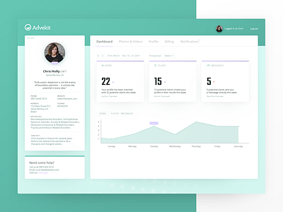 Advekit Therapist Dashboard account analytics card dashboard graph green healthcare processing product purple therapy web