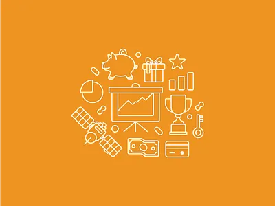 Earn More credit card dollar earn gift key money orange pie chart piggy bank satellite stats trophy